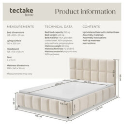 Tectake Upholstered Bed Set With Mattress, 2 Firmness Levels, 250 Kg 140 X 200 Cm -  30 Cm -  Velvet Look Sand - thumbnail 6