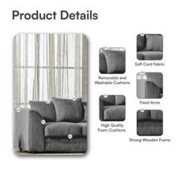 BlissFurniture Ltd Bliss Furniture Grey Jumbo Cord 4 Seater Right Hand Corner Sofa Scatter Back Design Compact And Comfortable Sofa - thumbnail 3