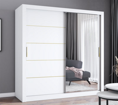 Fhif Ibiza Gold 180Cm White Sliding Door Wardrobe Modern Bedroom Storage With Full Length Mirror Shelves And Hanging Rails - image 1