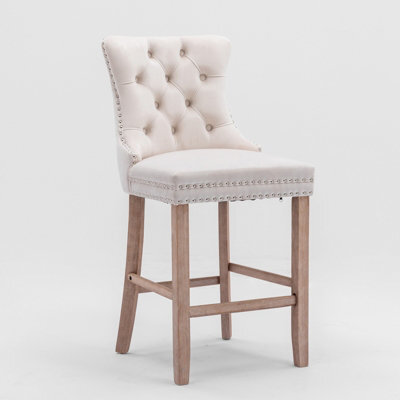 HomeTouch Beige Velvet Breakfast Bar Stool With Backs & Wooden Legs - image 1