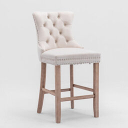 HomeTouch Beige Velvet Breakfast Bar Stool With Backs & Wooden Legs - thumbnail 1