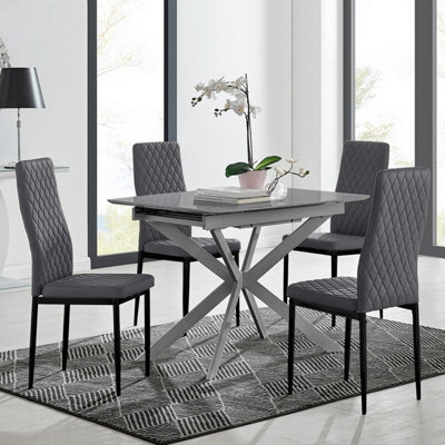 Furniturebox Uk Lira 100Cm Grey Metal Extending Dining Table & 4 Grey Velvet Milan Black Leg Chairs - image 1