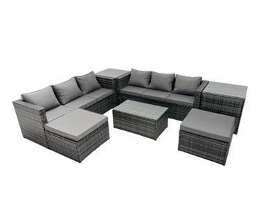 Fimous Rattan Garden Furniture Dining Set 8-Seater Patio Coffee Table Sofa Set With 2 Side Tables 2 Big Footstools Dark Grey Mixed - image 1