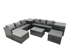 Fimous Rattan Garden Furniture Dining Set 8-Seater Patio Coffee Table Sofa Set With 2 Side Tables 2 Big Footstools Dark Grey Mixed - thumbnail 1