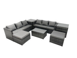 Fimous Rattan Garden Furniture Dining Set 8-Seater Patio Coffee Table Sofa Set With 2 Side Tables 2 Big Footstools Dark Grey Mixed - thumbnail 2