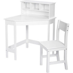 White Corner Study Table & Chair Wooden Study Computer Desk - thumbnail 1