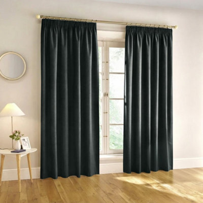 Aspire Homeware Black Plain Blackout Curtains Room Darkening Pencil Pleat Curtain Pair (W)168Cm X (D)183Cm With Tie Back Pair - image 1