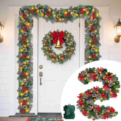 Amorly 9Ft Led Christmas Rattan Garland, Artificial Green Xmas Decor With Pinecones And Red Berries, Battery Operated For Door, Mantle - image 1