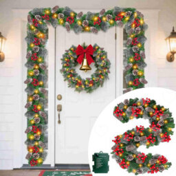 Amorly 9Ft Led Christmas Rattan Garland, Artificial Green Xmas Decor With Pinecones And Red Berries, Battery Operated For Door, Mantle - thumbnail 1