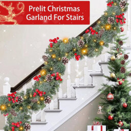 Amorly 9Ft Led Christmas Rattan Garland, Artificial Green Xmas Decor With Pinecones And Red Berries, Battery Operated For Door, Mantle - thumbnail 5