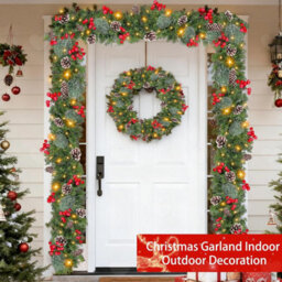 Amorly 9Ft Led Christmas Rattan Garland, Artificial Green Xmas Decor With Pinecones And Red Berries, Battery Operated For Door, Mantle - thumbnail 6