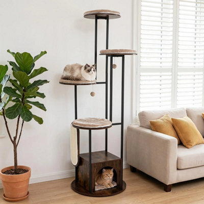 Tall Wooden Cat Tower With Top Perch Platforms And Washable Removable Mats - image 1