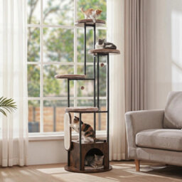 Tall Wooden Cat Tower With Top Perch Platforms And Washable Removable Mats - thumbnail 5