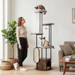 Tall Wooden Cat Tower With Top Perch Platforms And Washable Removable Mats - thumbnail 3