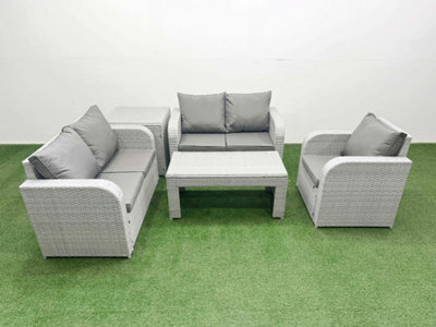 Fimous High Back Poly Rattan Garden Furniture Set Reclining Chair Loveseat Sofa Oblong Coffee Table Set Side Table Light Grey - image 1