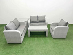 Fimous High Back Poly Rattan Garden Furniture Set Reclining Chair Loveseat Sofa Oblong Coffee Table Set Side Table Light Grey - thumbnail 2