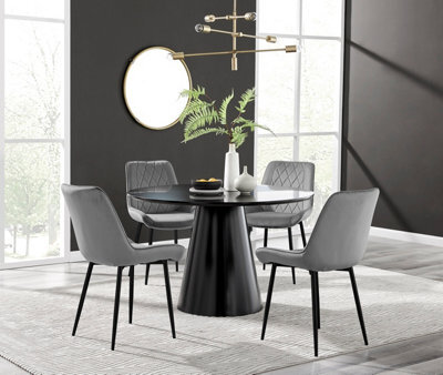 Furniturebox Palma White Marble Effect Round 4-6 Seater Pedestal Dining Table & 4 Grey Velvet Pesaro Black Leg Chairs - image 1