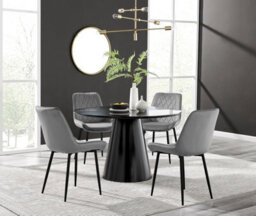 Furniturebox Palma White Marble Effect Round 4-6 Seater Pedestal Dining Table & 4 Grey Velvet Pesaro Black Leg Chairs