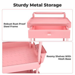 Levede 4 Tier Kitchen Trolley Cart Pink Metal Rolling Storage Rack Island - thumbnail 7