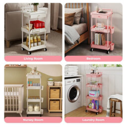 Levede 4 Tier Kitchen Trolley Cart Pink Metal Rolling Storage Rack Island - thumbnail 6