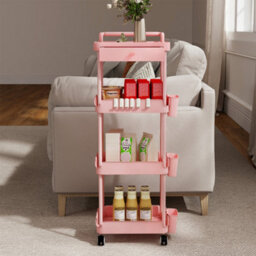 Levede 4 Tier Kitchen Trolley Cart Pink Metal Rolling Storage Rack Island - thumbnail 1