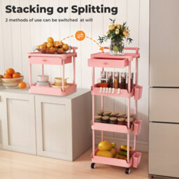 Levede 4 Tier Kitchen Trolley Cart Pink Metal Rolling Storage Rack Island - thumbnail 5