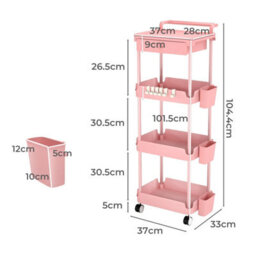 Levede 4 Tier Kitchen Trolley Cart Pink Metal Rolling Storage Rack Island - thumbnail 9