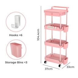 Levede 4 Tier Kitchen Trolley Cart Pink Metal Rolling Storage Rack Island - thumbnail 8