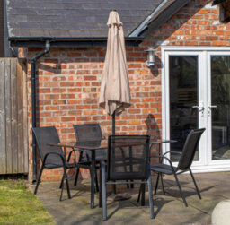 Samuel Alexander Outdoor 4 Person Rectangular Glass Top Garden Dining Table Chairs With Cream Parasol And Base Set - thumbnail 2