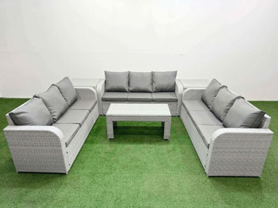 Fimous Pe Rattan Lounge Sofa Set 9 Seater Outdoor Garden Furniture Set Oblong Coffee Table 3 Seater Sofa 2 Side Table Light Grey - image 1