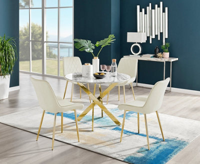 Furniturebox Novara White Marble Effect 100Cm Round Dining Table With Gold Starburst Legs & 4 Cream Velvet Pesaro Chairs - image 1