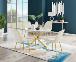 Furniturebox Novara White Marble Effect 100Cm Round Dining Table With Gold Starburst Legs & 4 Cream Velvet Pesaro Chairs - thumbnail 1