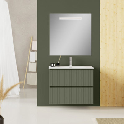 Banyetti Linea Muscat Sage Ribbed Double Drawer Wall Hung Vanity Unit 800mm X 390mm - image 1