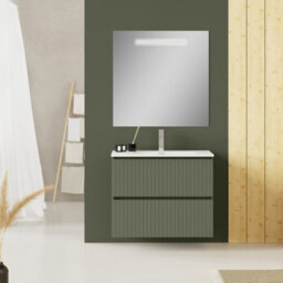Banyetti Linea Muscat Sage Ribbed Double Drawer Wall Hung Vanity Unit 800mm X 390mm - thumbnail 1