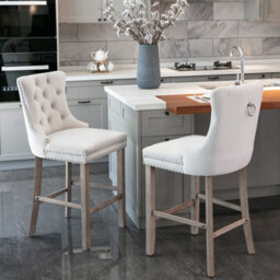 HomeTouch Set Of 6 Velvet Upholstered Bar Stools, Kitchen Breakfast Barstools With Wooden Legs Bar Chairs For Counter Beige - thumbnail 1