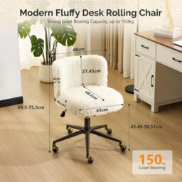 White Fluffy Desk Chair Faux Fur Home Office Chair With Wheels Vanity Chair - thumbnail 2