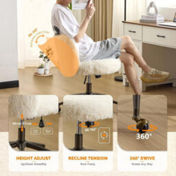 White Fluffy Desk Chair Faux Fur Home Office Chair With Wheels Vanity Chair - thumbnail 3