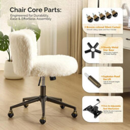 White Fluffy Desk Chair Faux Fur Home Office Chair With Wheels Vanity Chair - thumbnail 4