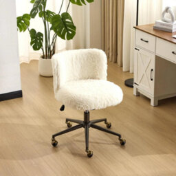 White Fluffy Desk Chair Faux Fur Home Office Chair With Wheels Vanity Chair - thumbnail 1