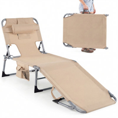 Costway Portable Tanning Lounge Chair With Adjustable Backrest Folding Beach Chair With Face Arm Holes-Beige - image 1