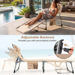 Costway Portable Tanning Lounge Chair With Adjustable Backrest Folding Beach Chair With Face Arm Holes-Beige - thumbnail 8
