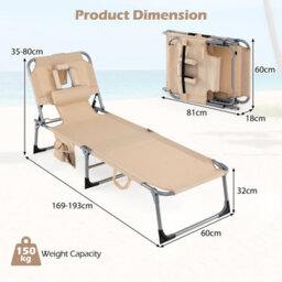 Costway Portable Tanning Lounge Chair With Adjustable Backrest Folding Beach Chair With Face Arm Holes-Beige - thumbnail 2