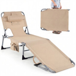 Costway Portable Tanning Lounge Chair With Adjustable Backrest Folding Beach Chair With Face Arm Holes-Beige - thumbnail 1