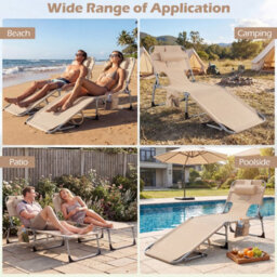Costway Portable Tanning Lounge Chair With Adjustable Backrest Folding Beach Chair With Face Arm Holes-Beige - thumbnail 5