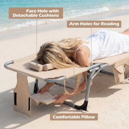 Costway Portable Tanning Lounge Chair With Adjustable Backrest Folding Beach Chair With Face Arm Holes-Beige - thumbnail 4