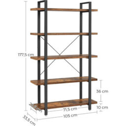 Rustic Brown & Black 5-Tier Bookcase For Modern Interiors - 177.5 Cm High - thumbnail 2