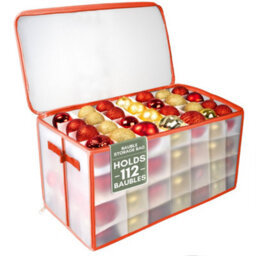 Pelle & Sol Christmas Bauble Storage Box, Red - 112 Ornament Capacity With Padded Dividers, Zipped Lid And Carry Handles - thumbnail 1