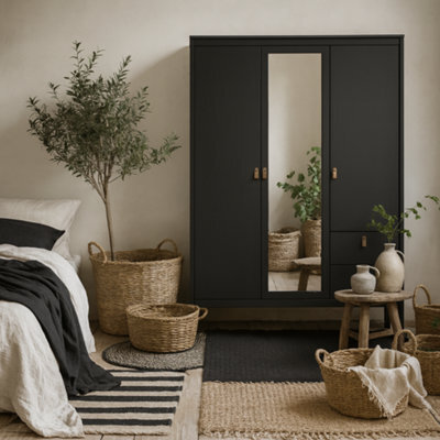 Wyld Haus Wildberry Matt Black 3-Door Wardrobe With Mirror And 2 Drawers, Metal Handles - image 1