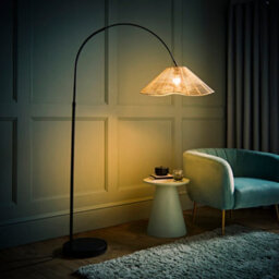 Valuelights Louis Black Arched Curved Floor Lamp With Natural Wicker Tapered Lamp Shade - thumbnail 5