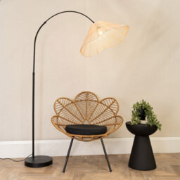 Valuelights Louis Black Arched Curved Floor Lamp With Natural Wicker Tapered Lamp Shade - thumbnail 1